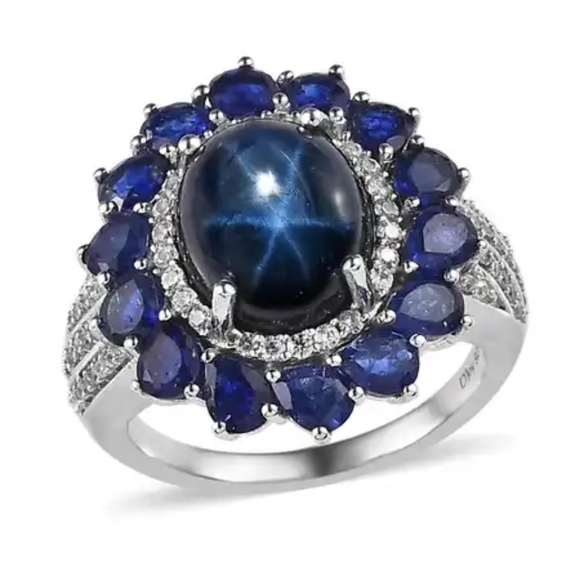 D'joy Jewelry - Blue Star Sapphire and Topaz Gemstone Ring in Platinum Over Sterling Silver